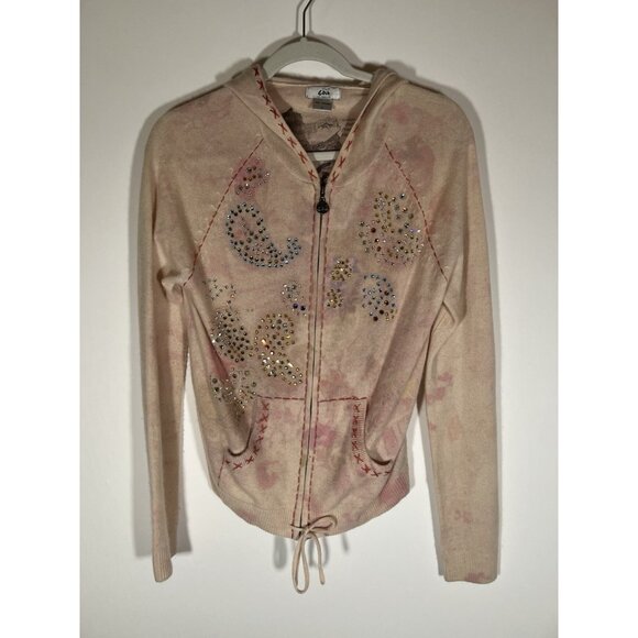GOA Los Angeles pink paisley zip up cashmere hoodie sweater sequins L Y2K boho - Picture 1 of 11